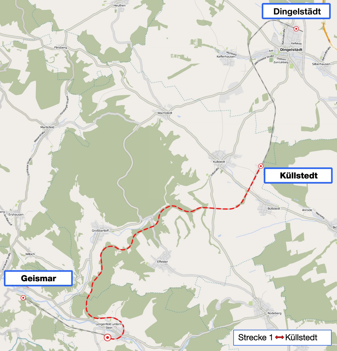 Streckenkarte Lengenfeld nach Küllstedt